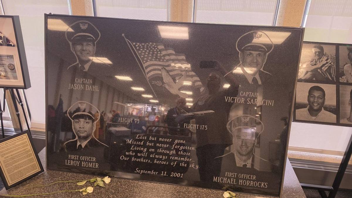 Memorial to the crews of Flights 93 and 175: Captains Jason Dahl and Victor Saracini; First Officers LeRoy Homer and Michael Horrocks
