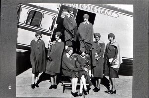 ... United's original eight stewardesses - shown as they posed by the door of a Boeing 80-A, such as they rode on the San Francisco-Chicago 