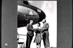 As another war activity, stewardess Loretta Nazar (pronounced NAYZAR) sold war bonds as the first such saleswoman of the air. Before she was