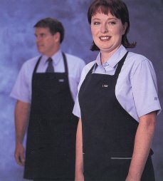The serving garment was a navy unisex apron with a snap neck closure that was cut straight across the top. It featured patch pockets that we