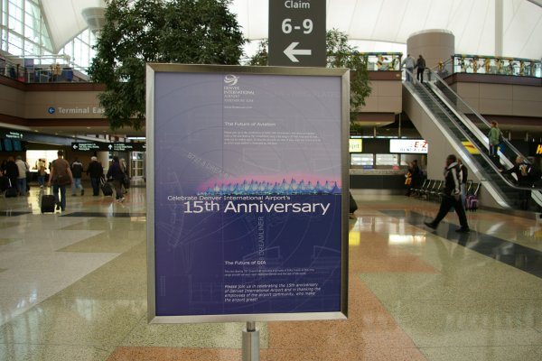 An entry sign invited visitors to participate in the airports’s anniversary celebration.