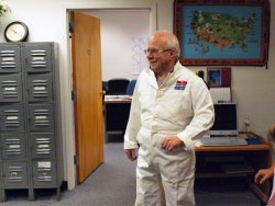 UAHF President, Tom Goodyear, models this vintage United Air Frame and Powerplant mechanic uniform from the late 1940s and early 1950s.