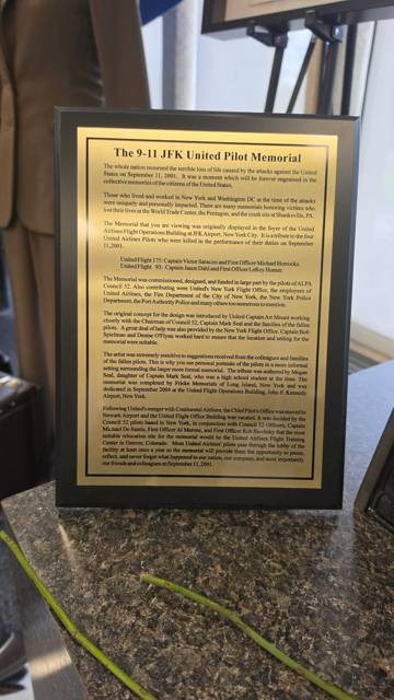 9-11 JFK United Pilot Memorial plaque